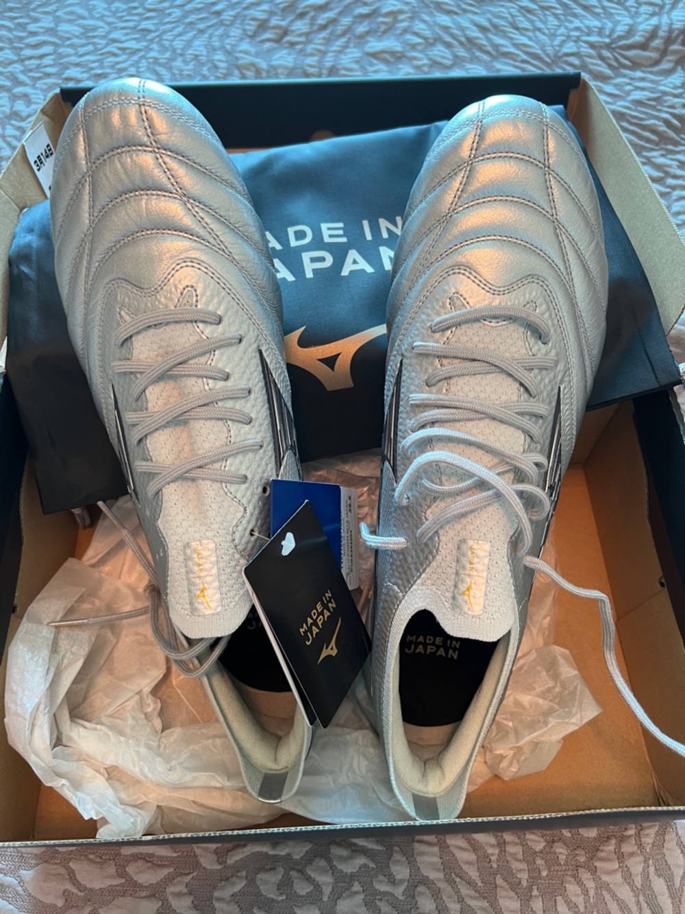 Mizuno Morelia neo IV beta Japan Silver Soccer Cleats with Subtle Gold Accents